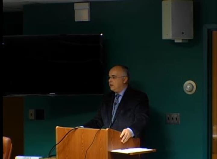A video screen shot of Ljubisa Jovasevic speaking at the North Castle Town Board&#x27;s Oct. 8 meeting.