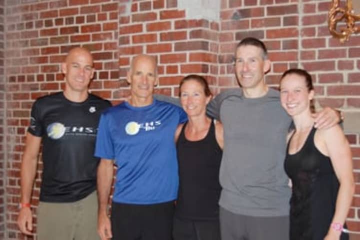 Athletes (from left) Mitch West, Mike Christie, Tara Kupersmith, Stephen Redwood and Anja Krieger-Redwood have been training together at the Greenwich YMCA.