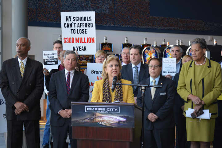 Yonkers Assemblywoman Shelley Mayer addressing a crowd about the Orange County casino last week.