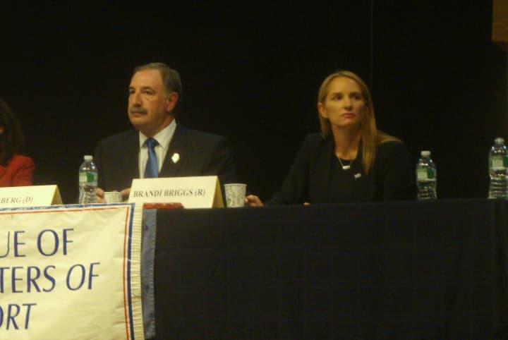 Westport state representative candidates Jonathan Steinberg and Brandi Briggs in a recent debate hosted by the League of Women Voters of Westport.