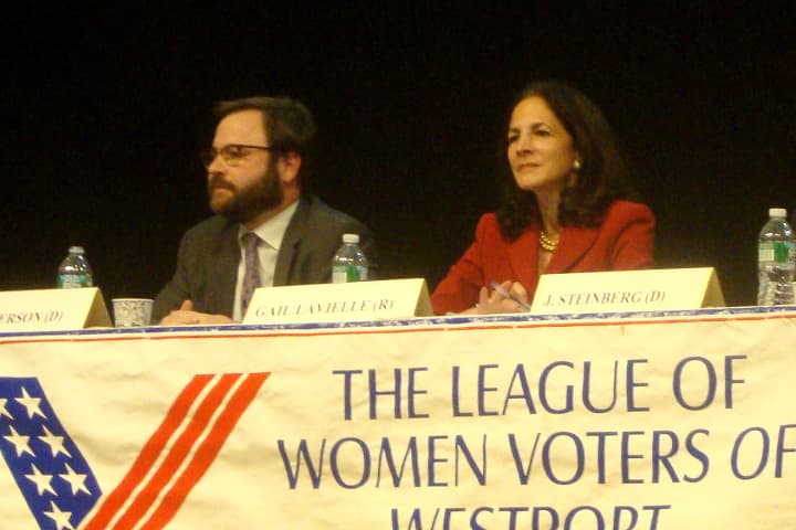 State representative candidates Keith Rodgerson and Gail Lavielle in a recent debate hosted by the League of Women Voters of Westport.