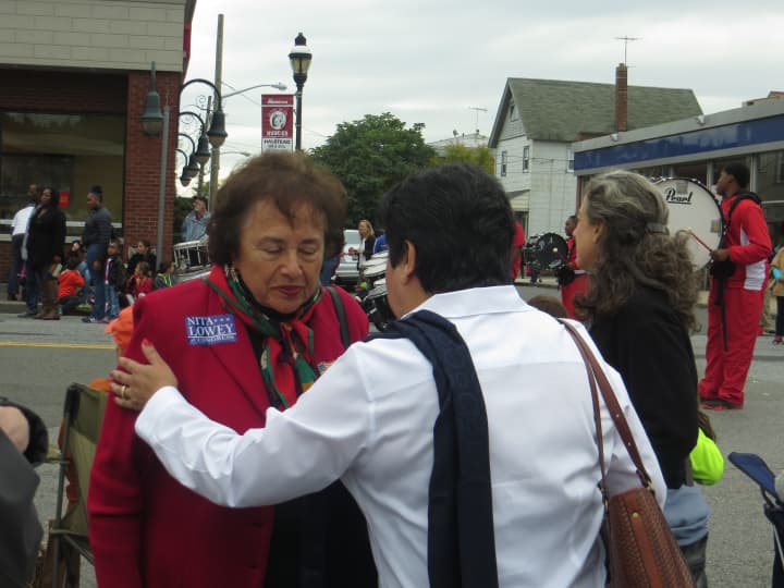 Congresswoman Nita Lowey, left, talks to a constituent during Harrison&#x27;s annual Columbus Day Parade in 2015.