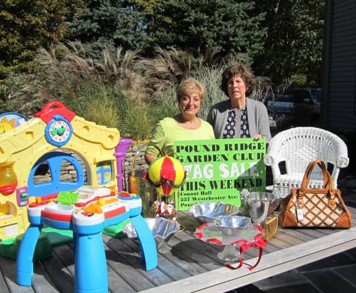 Virginia Todar, left, and Nancy Limbert, co-chairs of the tag sale, are shown with some of the goodies planned for sale at the Pound Ridge Garden Club tag sale on Saturday and Sunday, Oct 18 and 19, at Conant Hall, 257 Westchester Ave