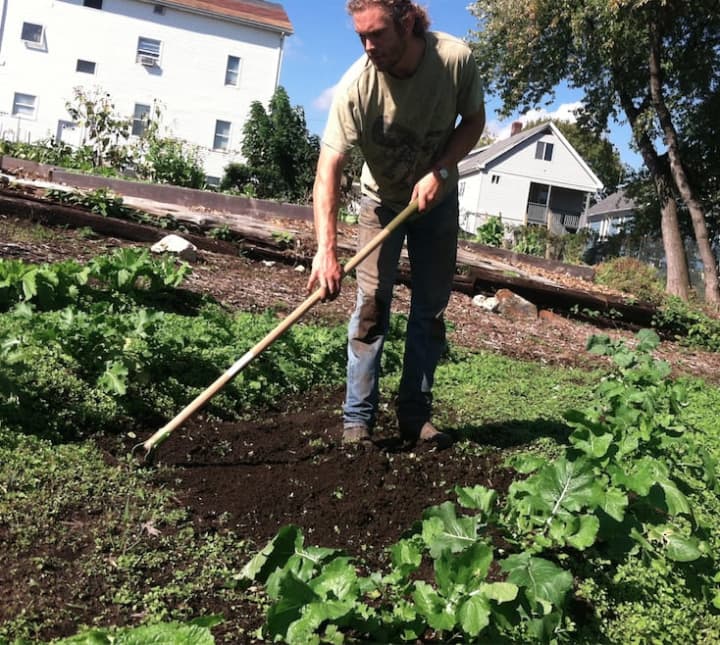 Maxon Keating, farm manager and production manager, at Fairgate Farm on Stillwater Avenue uses a scuffle hoe to get rid of weeds. The garden is holding its fall harvest Saturday.