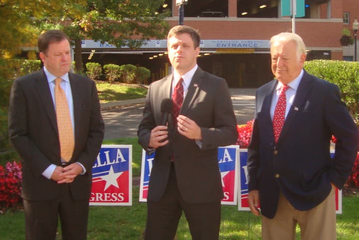 Dan Debicella (center) along with John McKinney (left) and Richard Moccia (right), discusses his plan to create tax-free zones for businesses in cities and release city schools from state and federal mandates.
