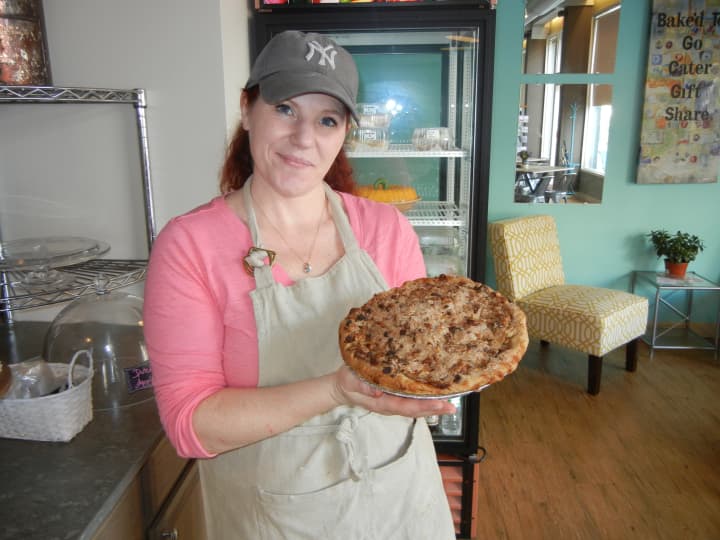Leisha Young, owner of Bridgeport&#x27;s Leisha&#x27;s Bakeria, with her Dutch apple pie.