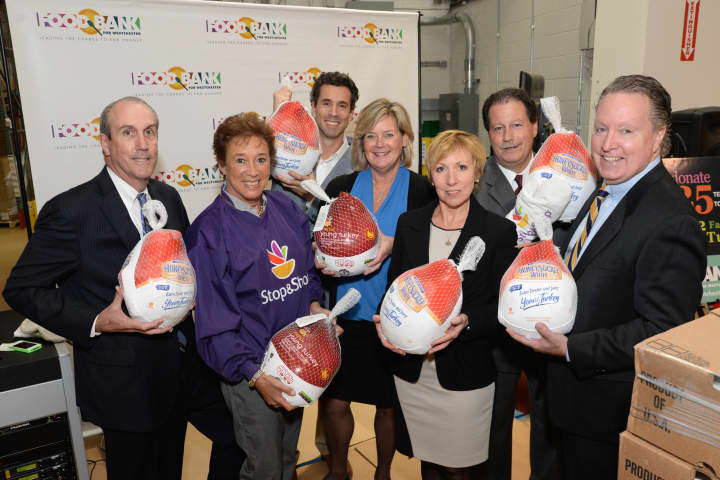 Deputy County Exec. Kevin Plunkett, Arlene Putterman of Stop &amp; Shop, Greg Werlinich &amp; Ellen Lynch from the Food Bank for Westchester; Jeanne Blum from Coalition  for the Hungry &amp; Homeless; Food Bank Chairman Rick Rako &amp; Legislator Michael Smith.