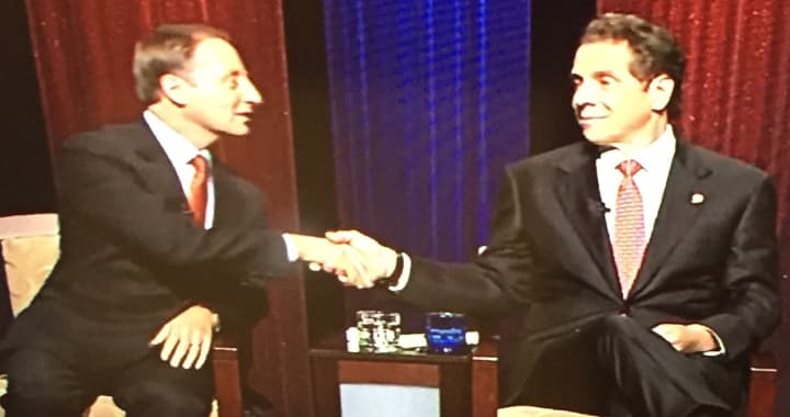 Rob Astorino, left, and Gov. Andrew Cuomo shake hands after Wednesday&#x27;s debate.