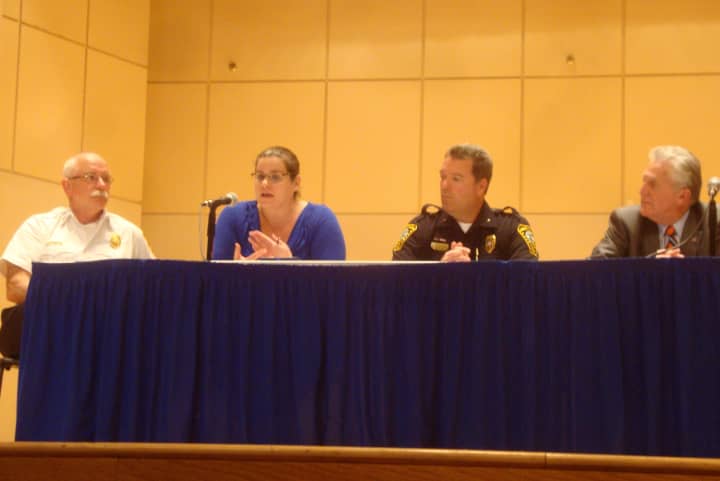 Norwalk Fire Chief Denis McCarthy, Emergency Management Director Michele DeLuca, Deputy Police Chief David Wrinn and Mayor Harry Rilling discuss Ebola during an informational forum.