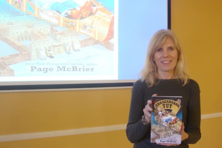 Page McBrier with her new book &quot;Abracadabra Tut&quot; at the Rowayton Library.