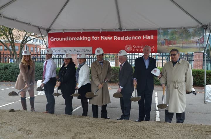 The groundbreaking of new residents hall at Sacred Heart University with SHU President John J. Petillo, First Selectman Tetreau, and City Council members AmyMarie Vizzo-Paniccia and Michelle Lyons.
