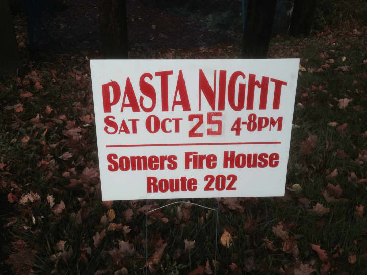 Signage for the Somers firehouse pasta night.