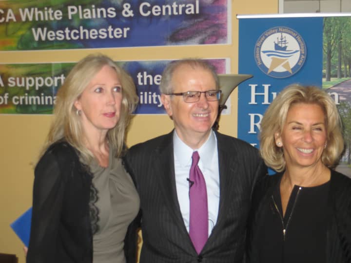 Suzanne Clary, president of the Jay Heritage Center Board of Trustees; New York Chief Judge Jonathan Lippman and Westchester County District Attorney Janet DiFiore after Tuesday&#x27;s talk in Rye.