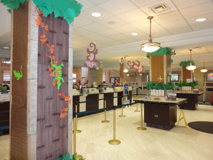 The interior of Ridgewood Savings Bank decked out for Halloween and ready for customers -- and costumes.