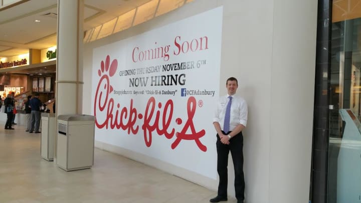 Rich Beattie, 33, is the first-time business owner behind the new Chick-Fil-A franchise opening next week at the Danbury Fair mall. 