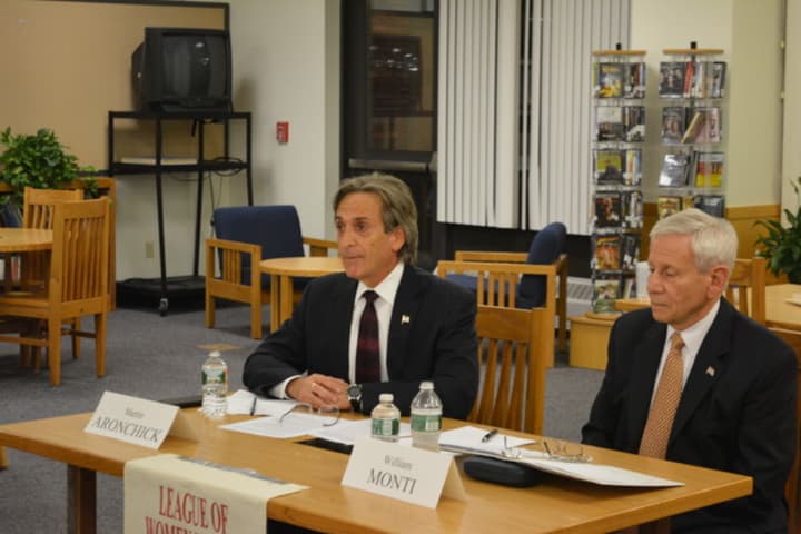 Martin Aronchick, left, and William Monti, right, at a candidates&#x27; forum at North Salem Middle School/High School.