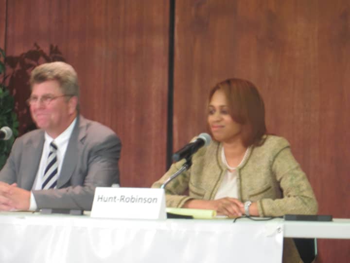 Terence Guerriere and Nadine Hunt-Robinson at a recent League of Women Voters of White Plains forum.