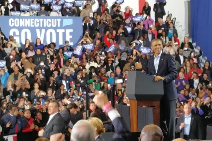 President Barack Obama greets the crowds during a campaign rally for Gov. Dan Malloy in Bridgeport Sunday.