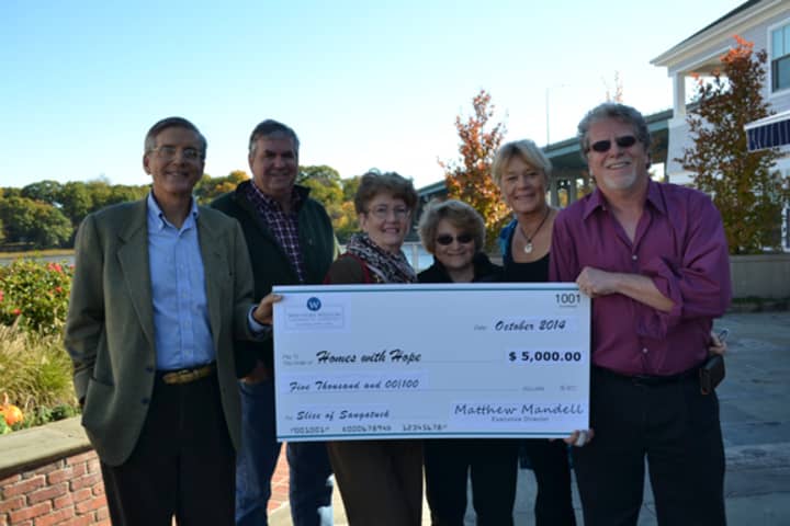 From left, Jeff Weiser (Homes with Hope), Jim Donaher (Gault Energy), Linda Matthews (Westport-Weston Chamber of Commerce), Maria Funicello (Tuttis Ristorante), Karen Jewell (Down Under) and Matthew Mandell (WWCC).