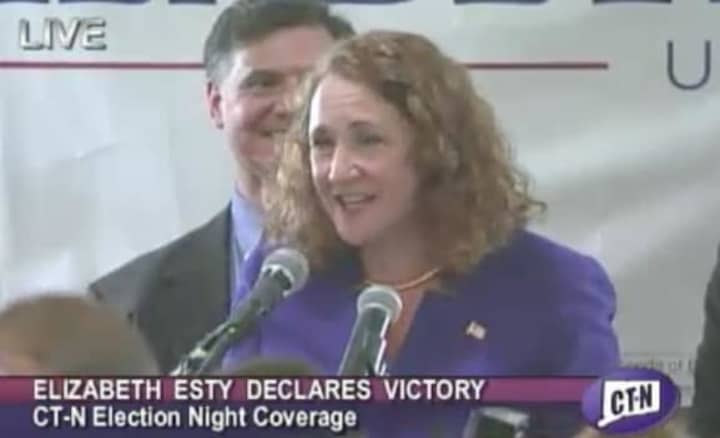 Elizabeth Esty claims victory Tuesday as she is re-elected to Congress in the 5th District, which includes Danbury.