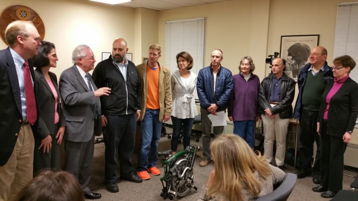 Nine new members of Fairfield&#x27;s Bicycle and Pedestrian Committee pose with the Board of Selectmen at the Nov. 5 meeting.