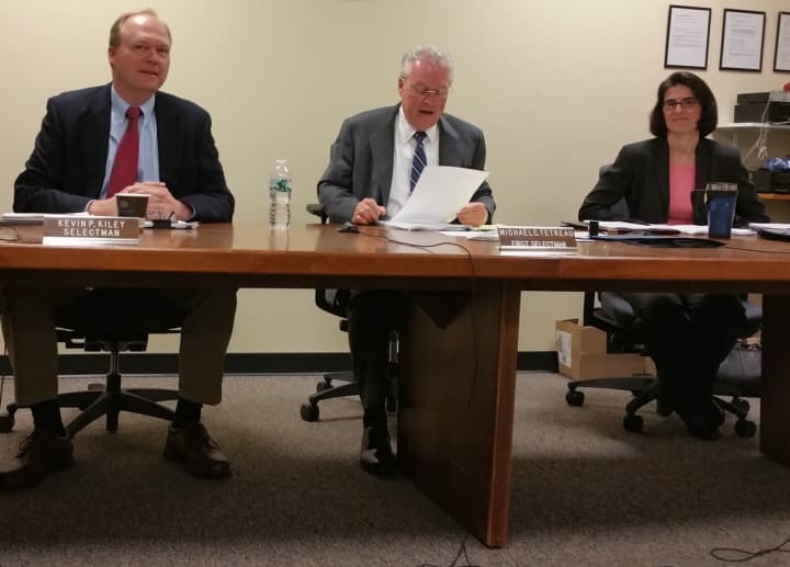 From left: Selectman Kevin Kiley, First Selectman Michael Tetreau and Selectman Cristin McCarthy Vahey, who will resign at year&#x27;s end as a newly elected State Representative.