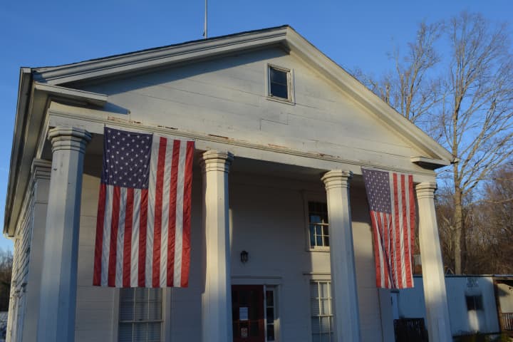 North Salem&#x27;s annex building, near Town Hall, is adorned with a pair of American flags. 