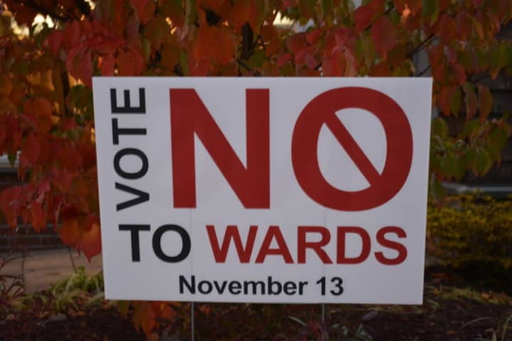 A sign advocating no on the ward vote. 