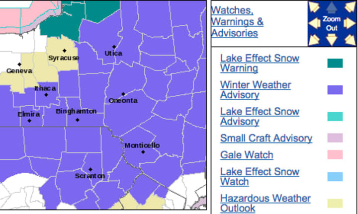 A winter winter advisory is in effect for the counties in purple in the map above, including Putnam.