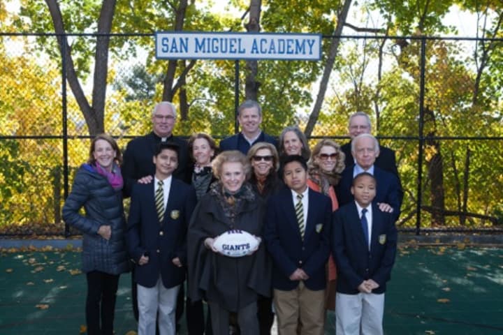 Cashie Egan, the Rev. Mark Connell, president of San Miguel Academy of Newburgh, Mary McCooey, Greg Draddy, Pat Figge, Lauren Steers, Bonnie and Tom Grace, Tom Egan, Ann Mara and San Miguel students Daniel Ruiz, Brandon Miller and Nas;ah Dab