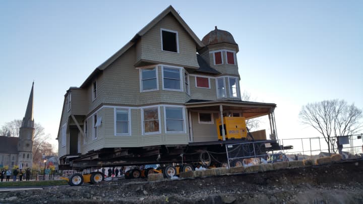 The Kemper-Gunn House on Church Lane was lifted from its foundation and moved across the street to town-owned property, where it will be used as a business incubator.