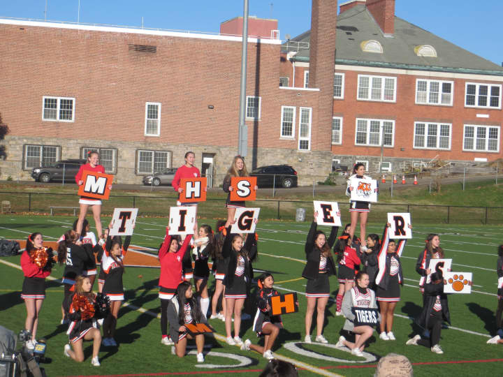 Mamaroneck High School&#x27;s cheerleading squad spelled out the MHS mascot during Tuesday&#x27;s rally.
