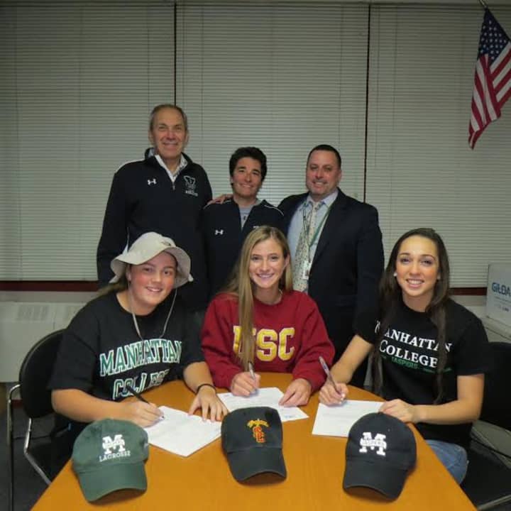 Pictured, from left to right: 
First row:  Nicole Prestiano, Emily Concialdi, Emma Kaishian
Second row: YHS Athletic Director Fio Nardone, Lacrosse Coach Ellen Mager, YHS Principal Joseph DeGennaro
