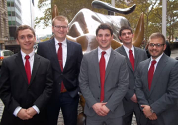 The five Sacred Heart University students who competed in the New York College Fed Challenge. From left: George Ferris, Kyle Czarnecki, Scott Gaffney, Ken Arnold and Elias Gharios.