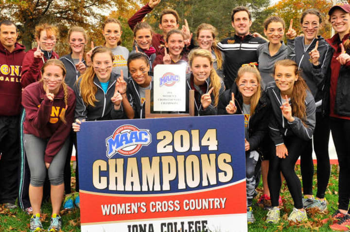The Iona College women&#x27;s cross country team celebrates after winning its 10th straight conference championship earlier this year.