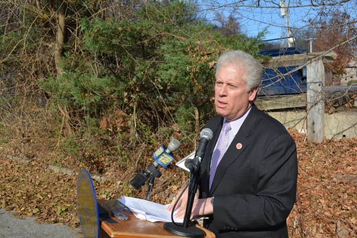 Westchester County Board of Legislators Chairman Michael Kaplowitz speaks at a press conference near the proposed Chappaqua Station site.