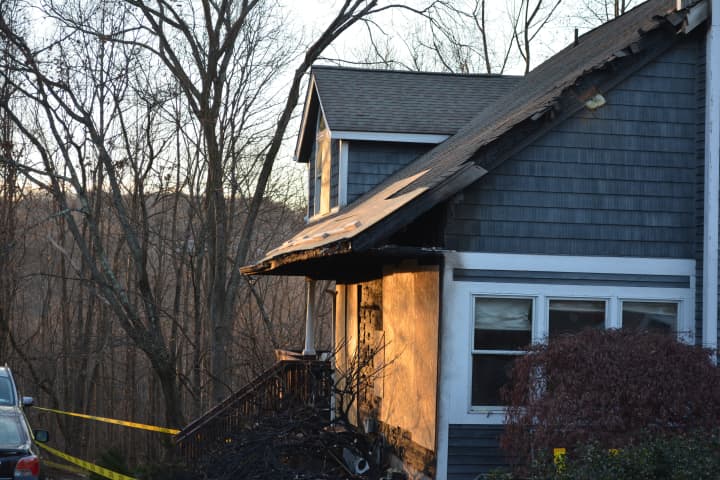 A fire-damaged house on Nottingham Way in Mahopac.