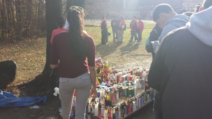 Students and friends visiting the site of Joey Touri&#x27;s fatal crash on Monday afternoon near Port Chester High School.