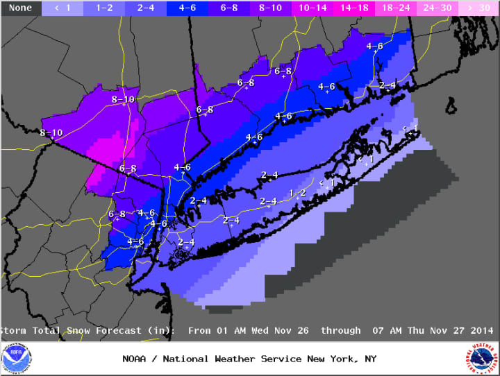 The National Weather Service map calls for 4 to 6 inches of snow along the Connecticut coastline and 6 to 8 inches in northern Fairfield County.