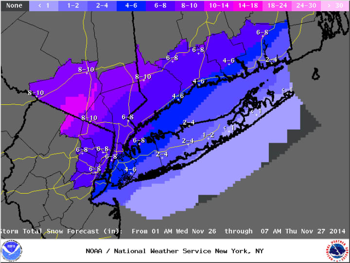 Fairfield County residents could see 4 to 10 inches of snow Wednesday, according to the National Weather Service.