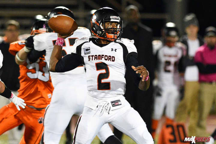 Stamford quarterback Jalen Brown threw for five touchdown passes Tuesday night in a 42-21 win over Westhill.