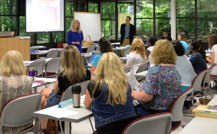 Sacred Heart University Professor Karen Waters conducts a professional development workshop with Bridgeport teachers. 