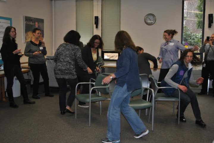 Teachers play a modified game of musical chairs in this workshop on the Power of Play at Putnam | Northern Westchester BOCES.