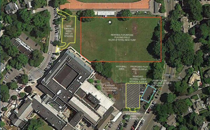 The proposed flood mitigation and synthetic turf replacement near Bronxville High School.