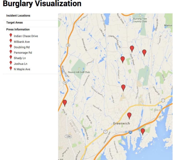 A map provided by Greenwich Police showing areas of town where residential burglaries have occurred.