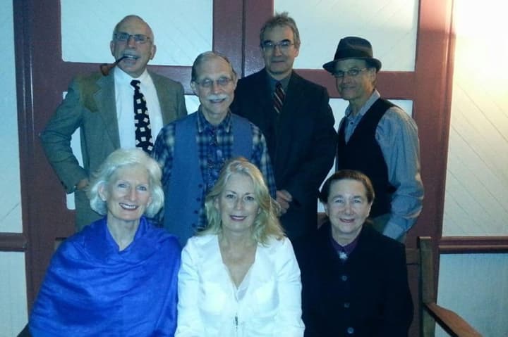 It&#x27;s A Wonderful Life cast includes is (front, left to right) Elizabeth Breslin, Nancy Maloy and Judy Allen and back (left to right) Simon Skolnik, Joe Niola, Greg Brown and Lew Zwick.
 