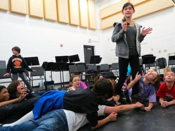 Pierre Van Cortlandt Middle School students rehearse for the opening of 15 Reasons Not to Be in a Play.