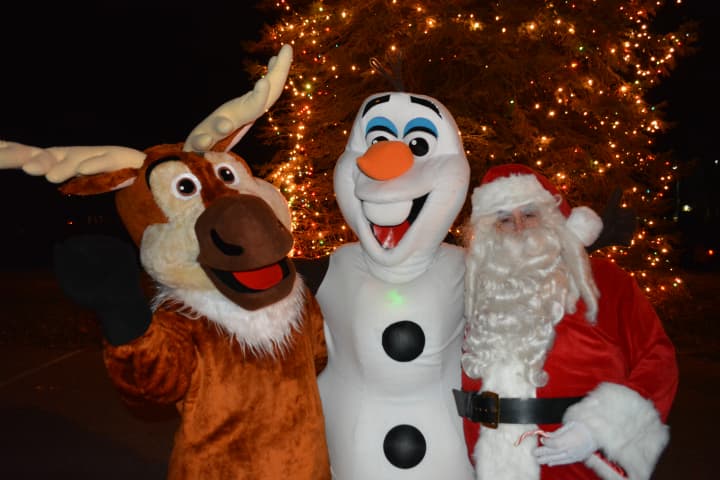 A reindeer, Olaf and Santa Claus pose for photos.