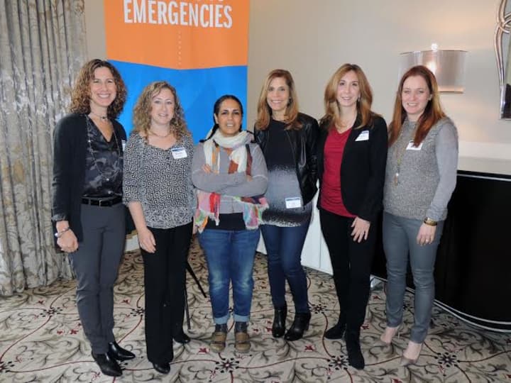 From left, Lois Kohn-Claar of Scarsdale, Wendy Zoland of Mamaroneck, chef Einat Admony, Jill Weisfeld of Scarsdale, Michele Budoff of Goldens Bridge, and Leslie Goldberg of Rye Brook.