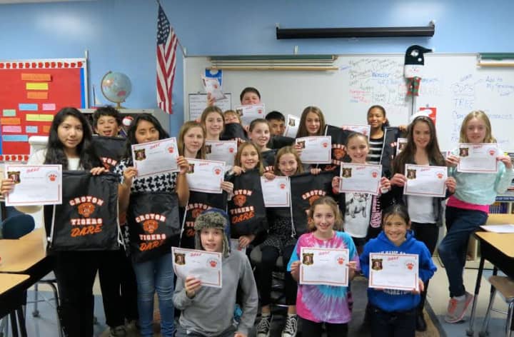 Sixth-grade students at Pierre Van Cortlandt Middle School in Croton-Harmon received certificates for completing the D.A.R.E. program  a collaboration between the school, Croton-on-Hudson Police Department and Croton Community Coalition.